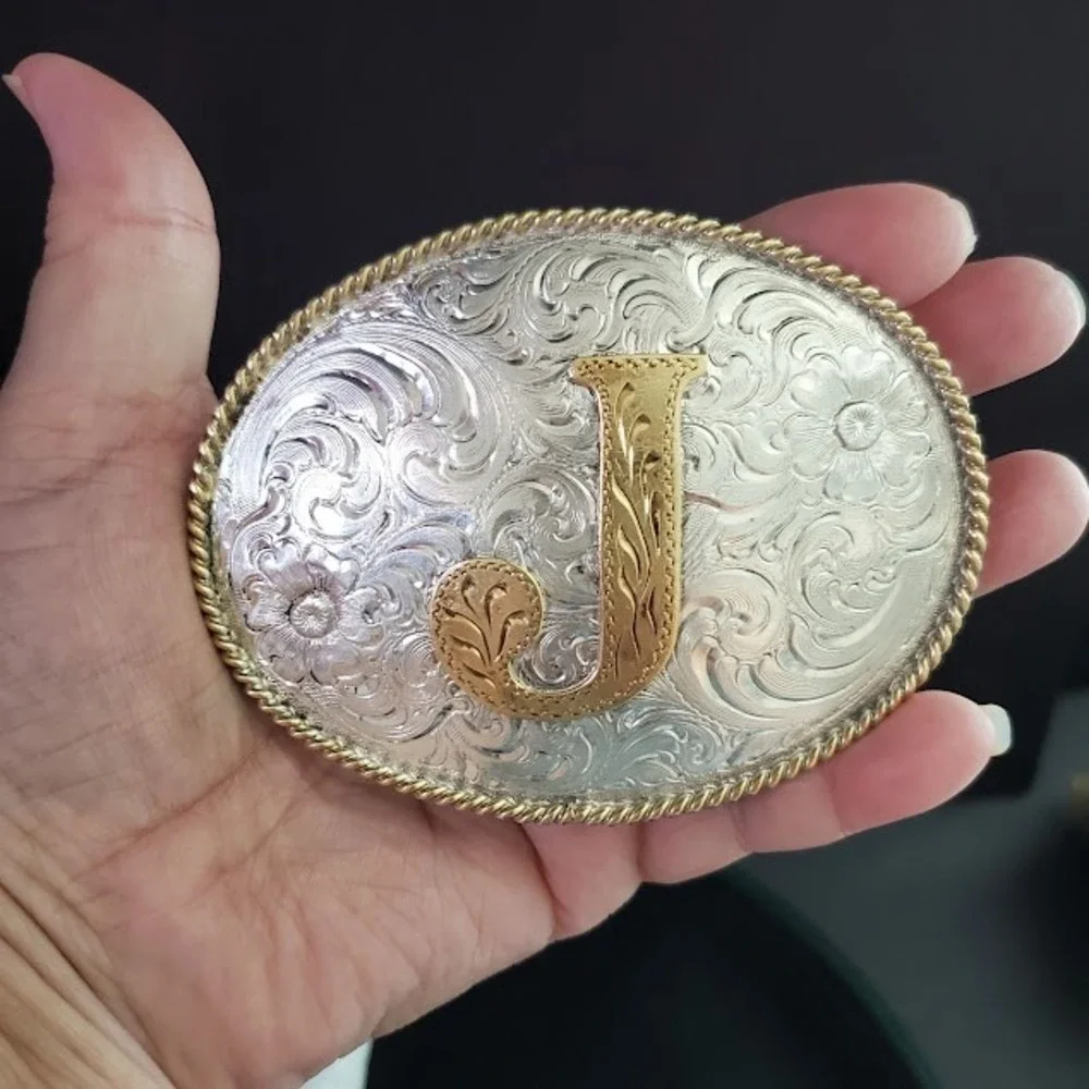 Silversmith Co Silver Plate Initial J Belt Buckle Western Floral Rope Edge 4in